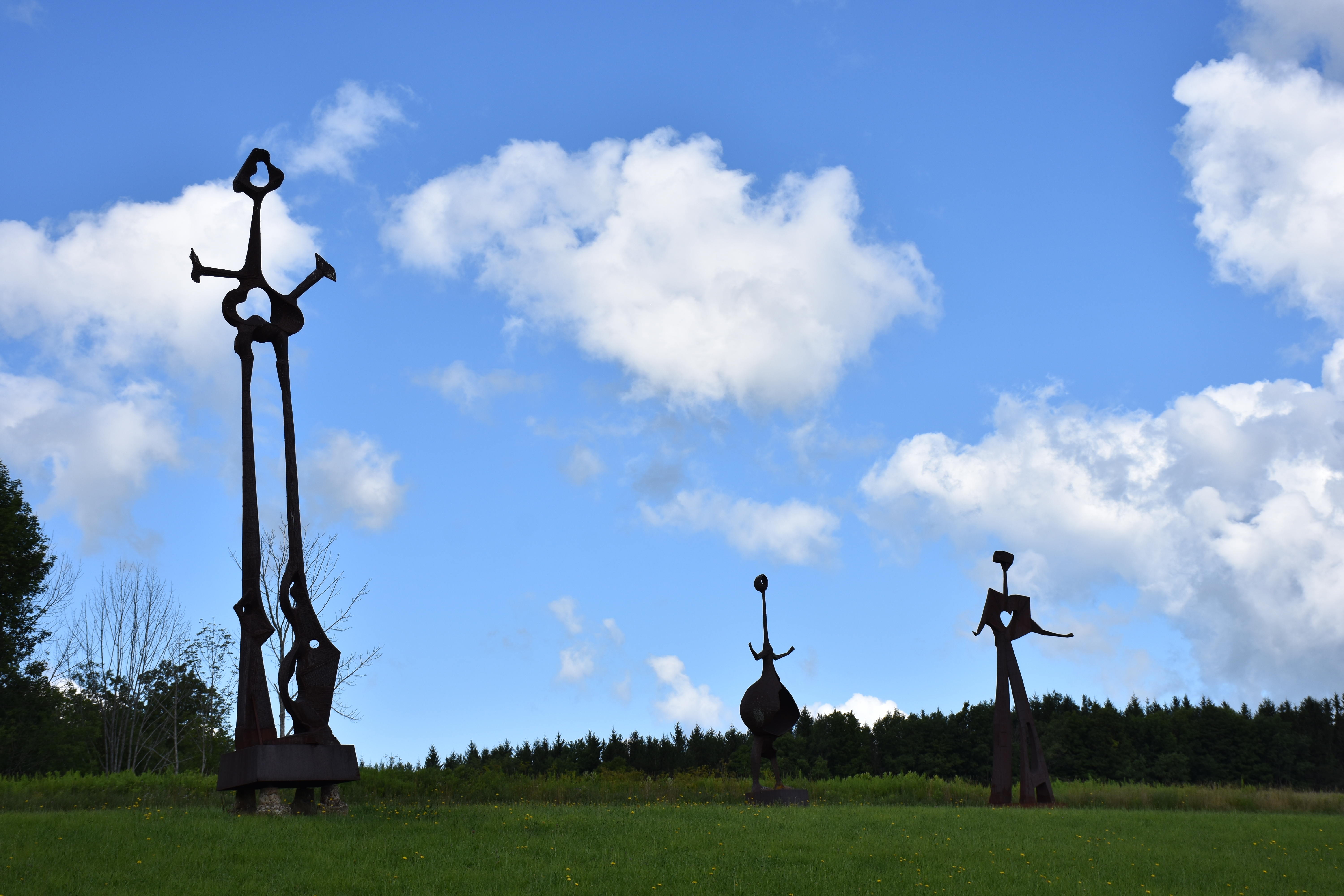Silhouette of some sculptures in the Rohr Hill Road section of Griffis Sculpture Park