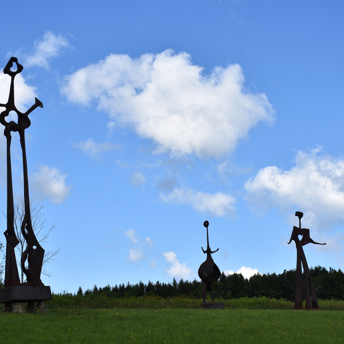 Silhouette of some sculptures in the Rohr Hill Road section of Griffis Sculpture Park