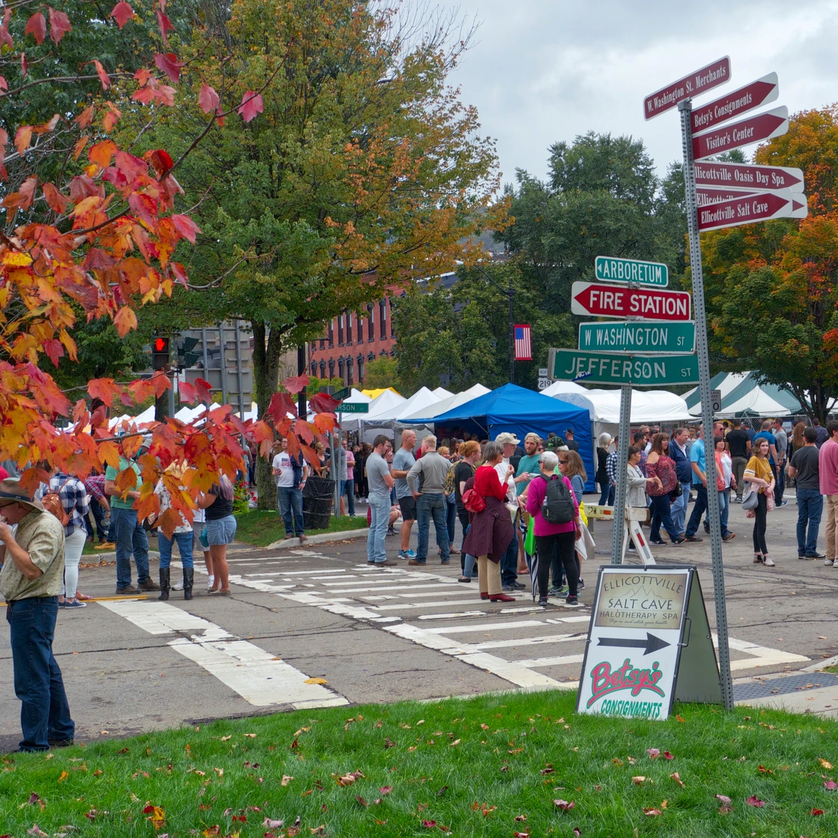 Street view from the north west of people and vendor tents at the 2018 Ellicottville Fall Festival