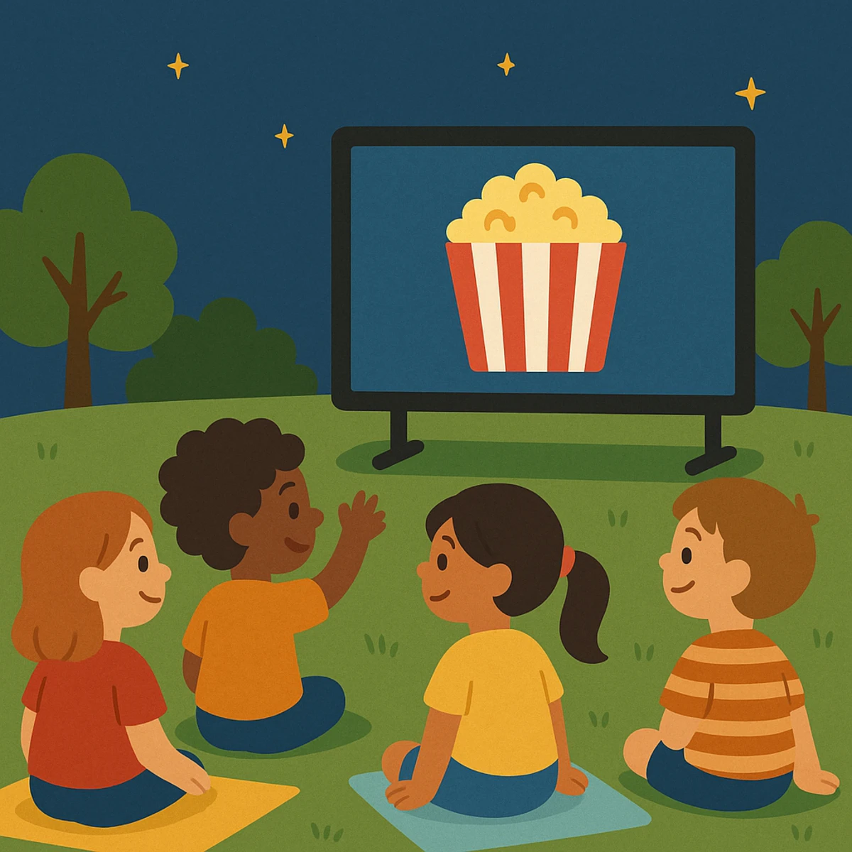 artwork containing children watching movie outside