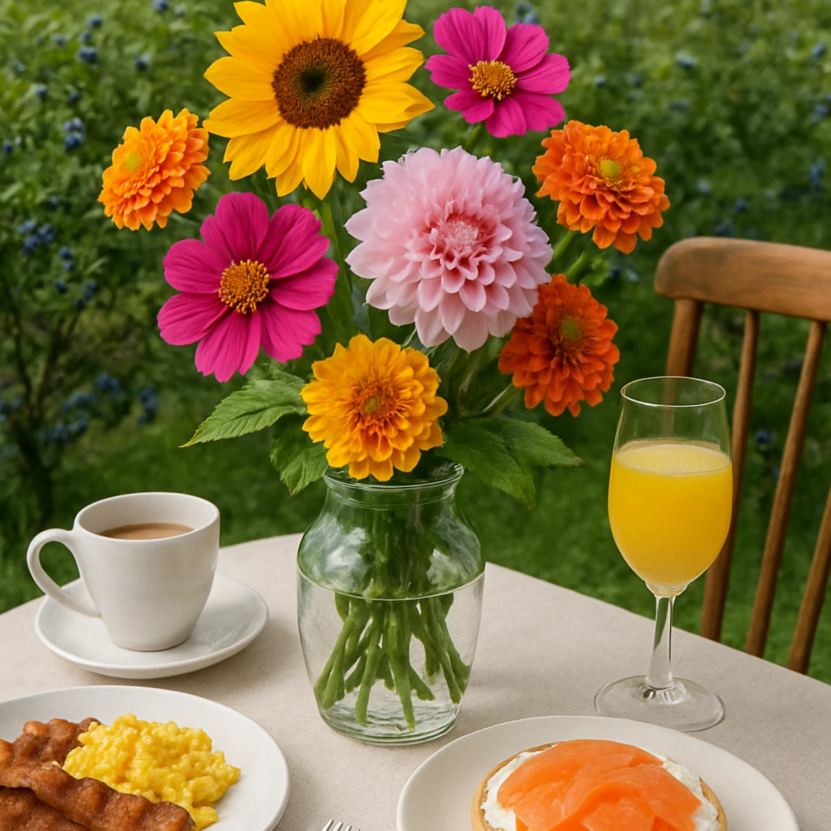 Image of Flowers in a blueberry farm at brunch 