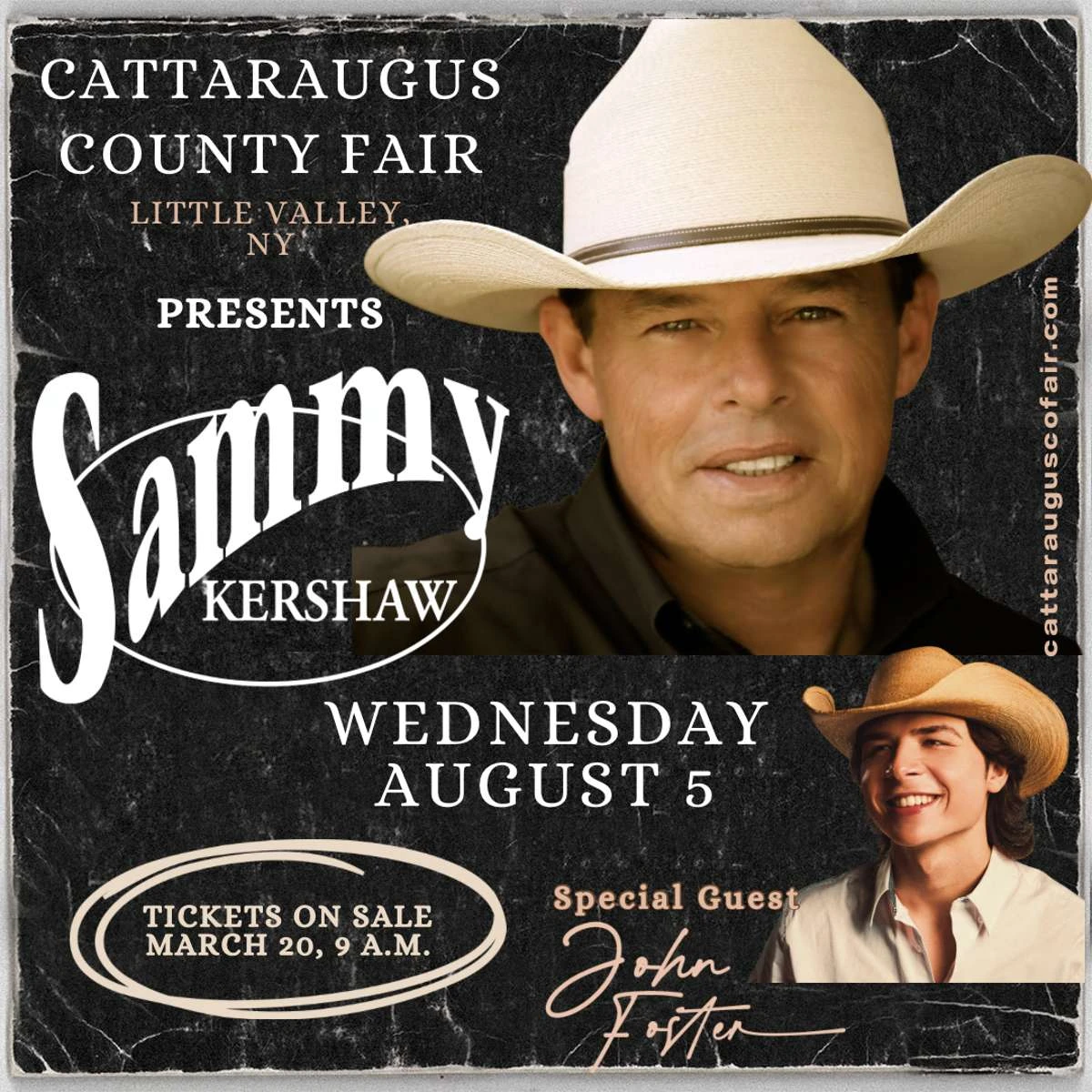 Poster for Sammy Kershaw with special guest John Foster to be performing at the Cattaraugus County Fair on Wednesday, August 5, 2026