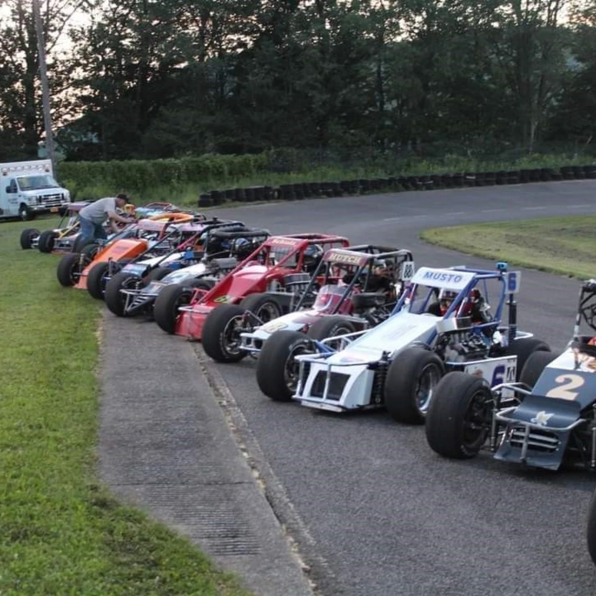 Karts lined up on the tracks at Chapel Hill Raceway