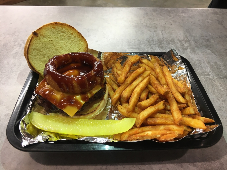 Burger and fries from Clarks Market