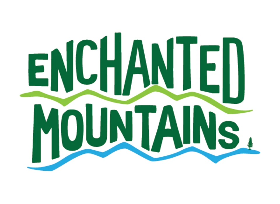 Green and blue colored Enchanted Mountains logo with border and glow