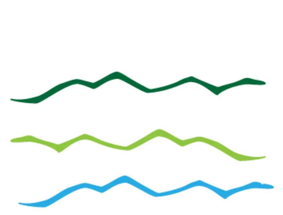 Logo "Naturally Yours to Enjoy! Enchanted Mountains" white lettering and color hills