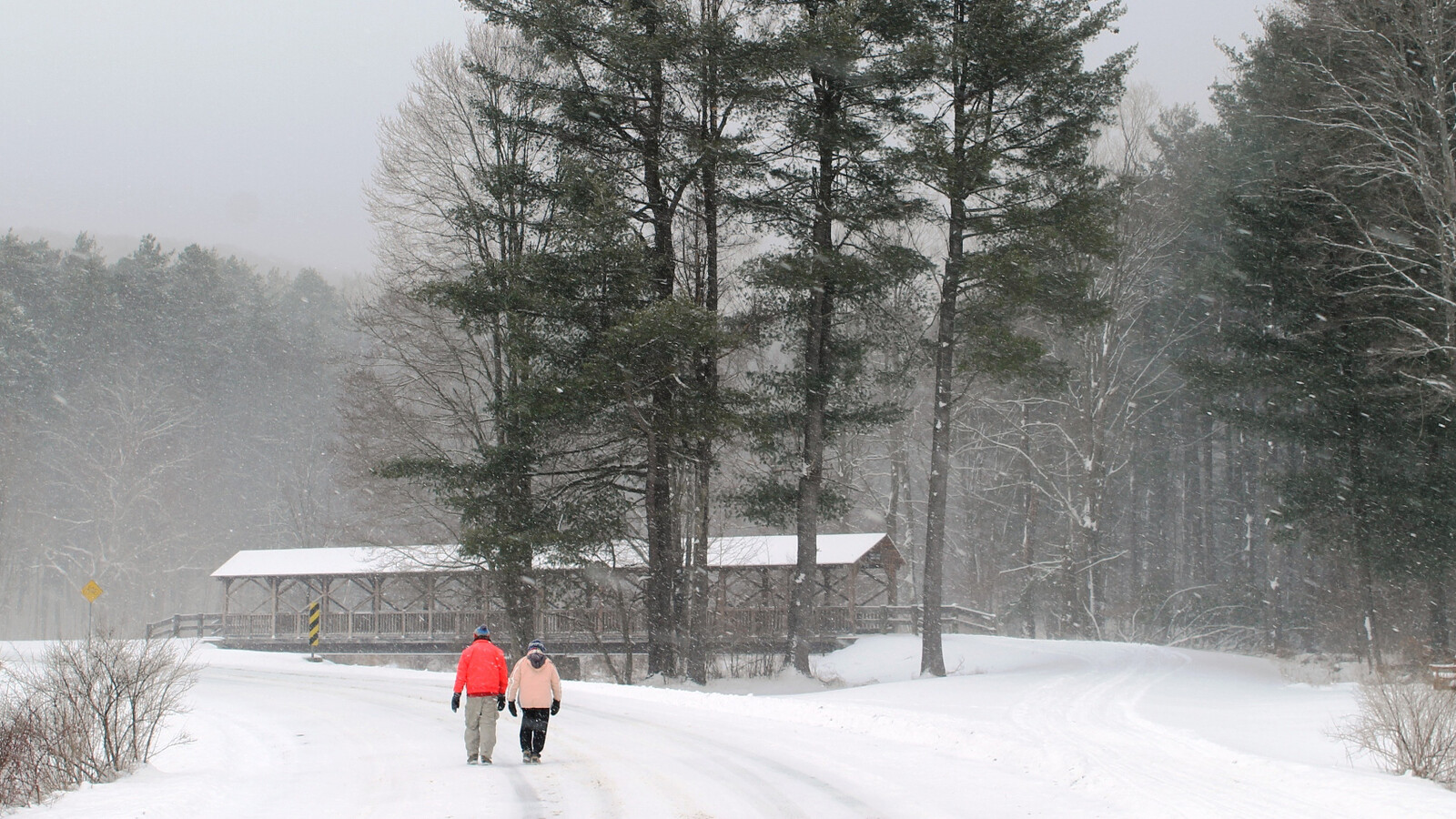Walking by the covered bridge at Allegany State Park