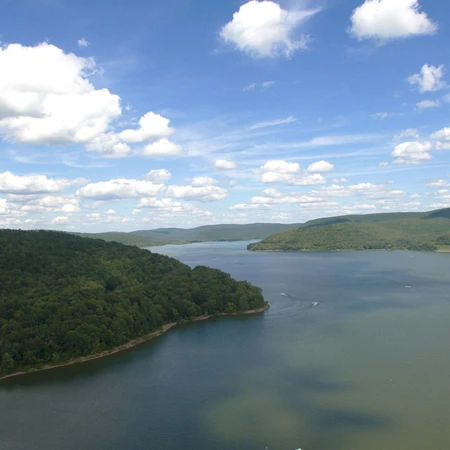Drone shot of Allegheny Reservoir from above Onoville Marina Park by Eyes in the Sky