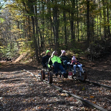 Family riding a rail bike in late autumn