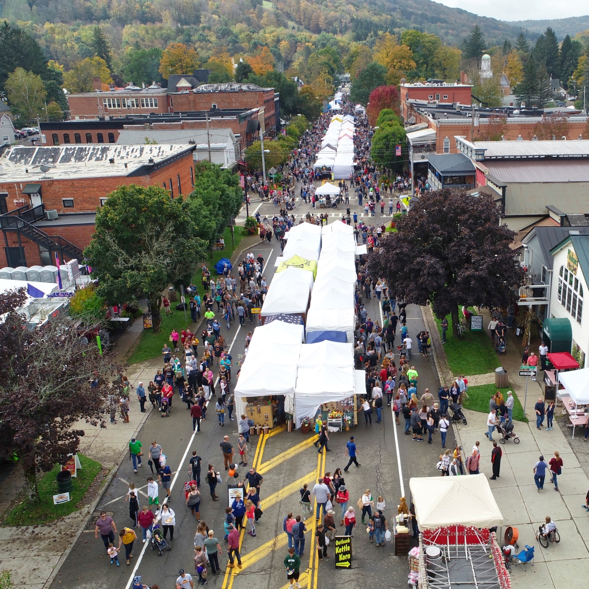 Aerial view looking West from the East side of Ellicottville during Ellicottville's Fall Festival (2018)