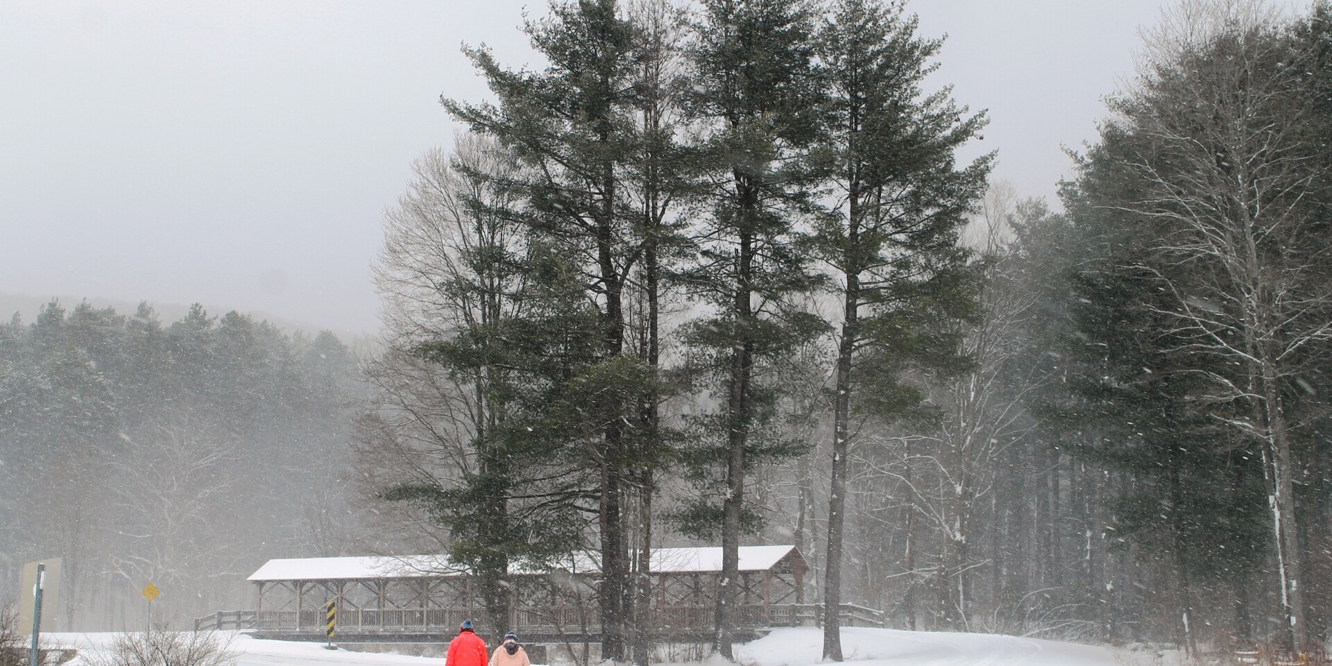 Walking by the covered bridge at Allegany State Park