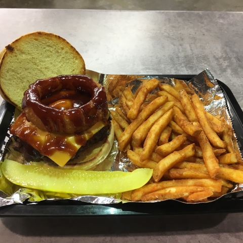 Burger and fries from Clarks Market