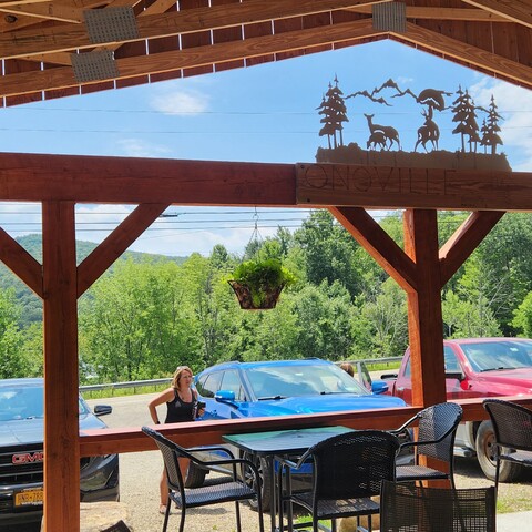A view from the outdoor dining at the front of the Onoville General Store