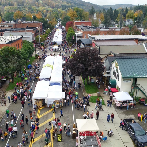 Aerial view looking West from the East side of Ellicottville during Ellicottville's Fall Festival (2018)