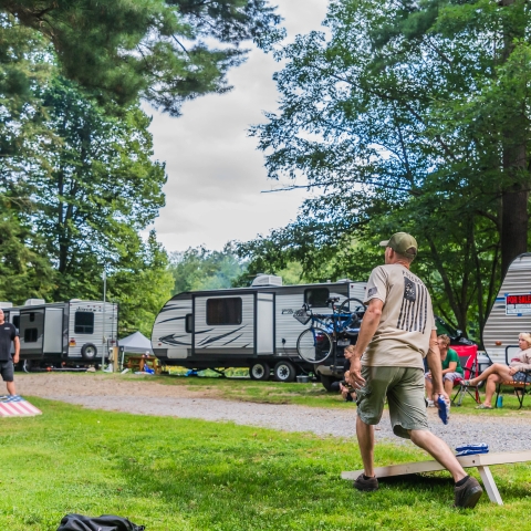 Cornhole while camping at Riverhurst Campground