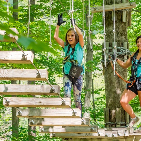 Mom and daughter obstacle course in trees at Sky High Adventure Park (2021)