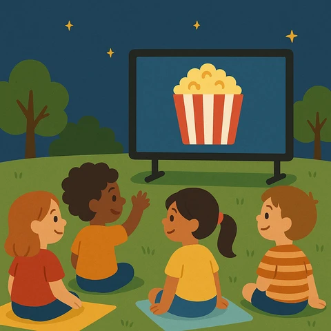 artwork containing children watching movie outside