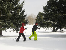 A couple cross country skiing around the golf course at Holiday Valley Resort (2016)